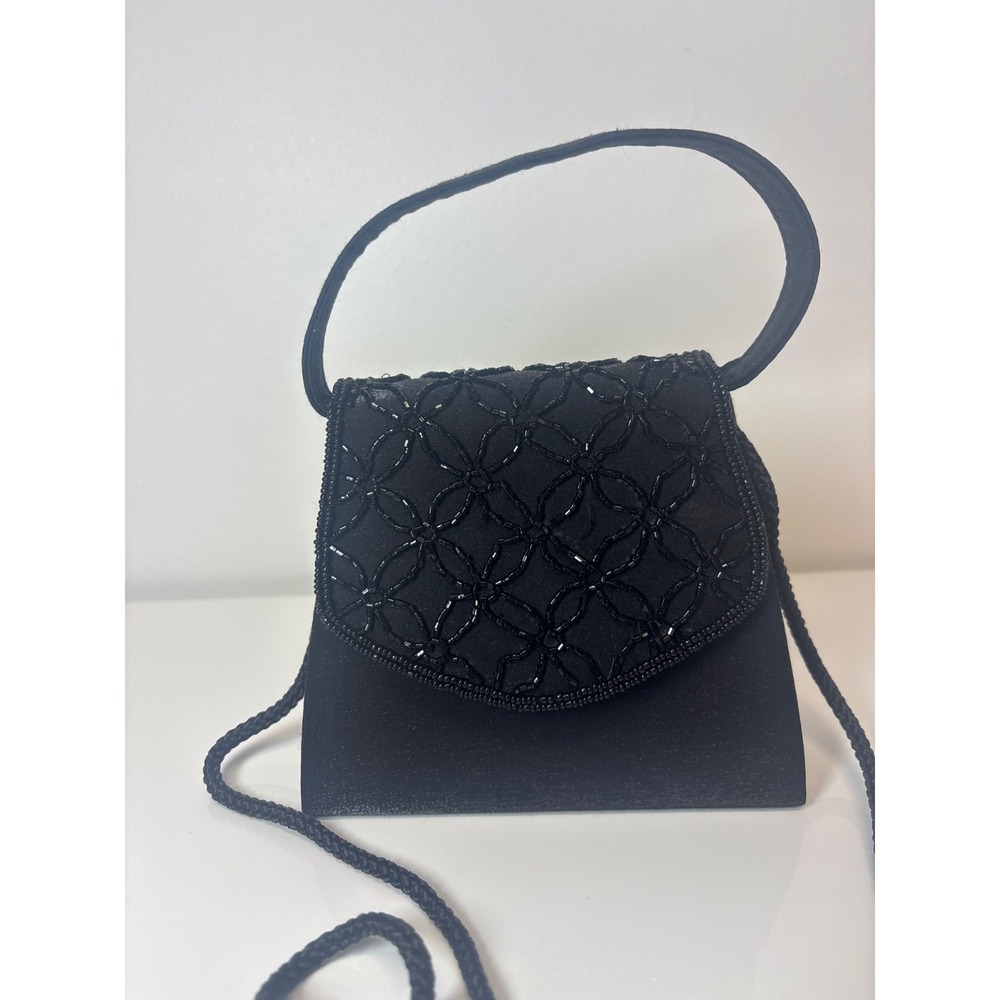 VTG Black‎ Beaded Evening Bag Satin hard shell crossbody Sasha Concert Datenight